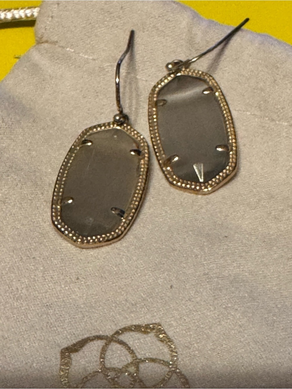 Faceted Gray Glass Drop Earrings with Gold Bezel